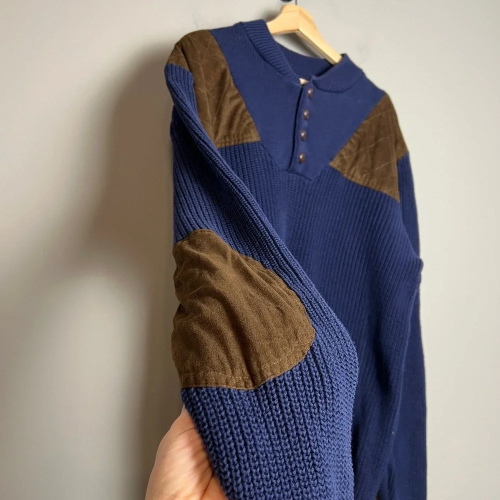 Vintage Boulder Creek Trading Co Sweater XLT‎ Blue Suede Elbow Patch